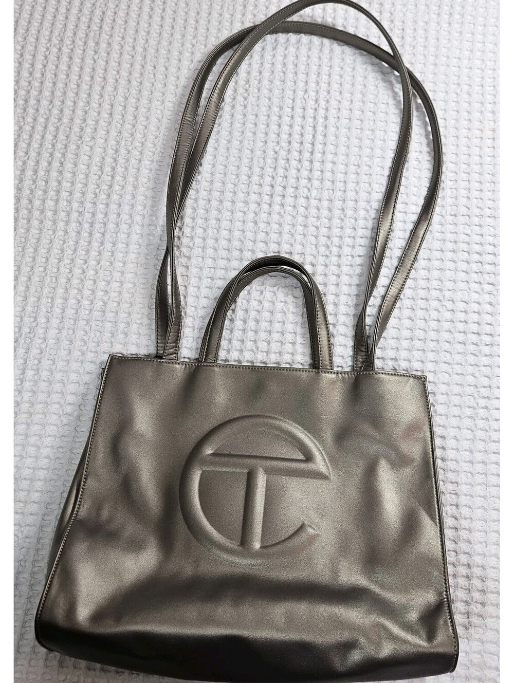 Telfar Gray Tote Bag with Logo Accent, Magnetic Snap, Zippered Pocket, Lined